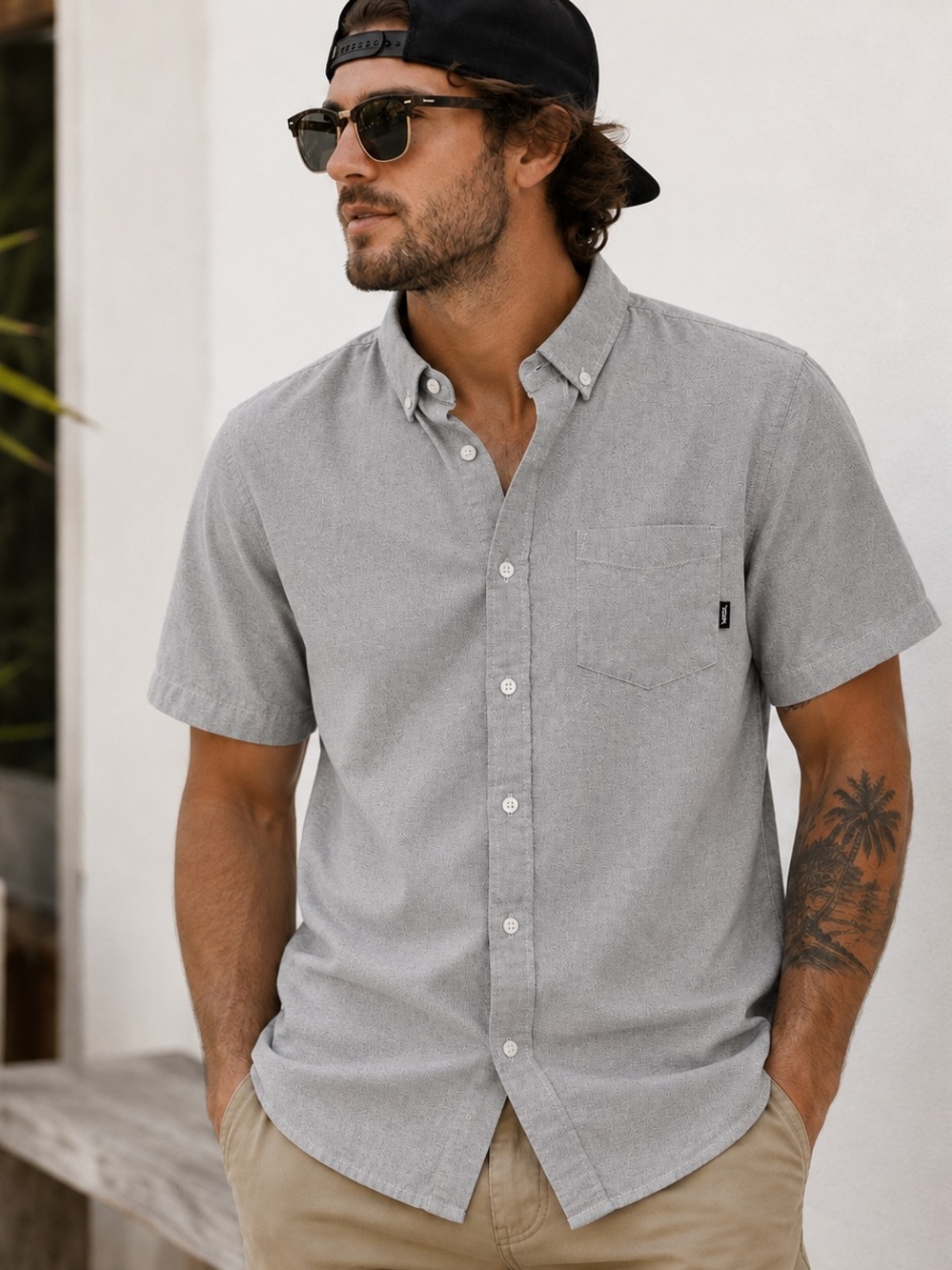 Vans Off The Wall Gray Textured Cotton Button-Up Shirt Men’s M Classic Fit Skate